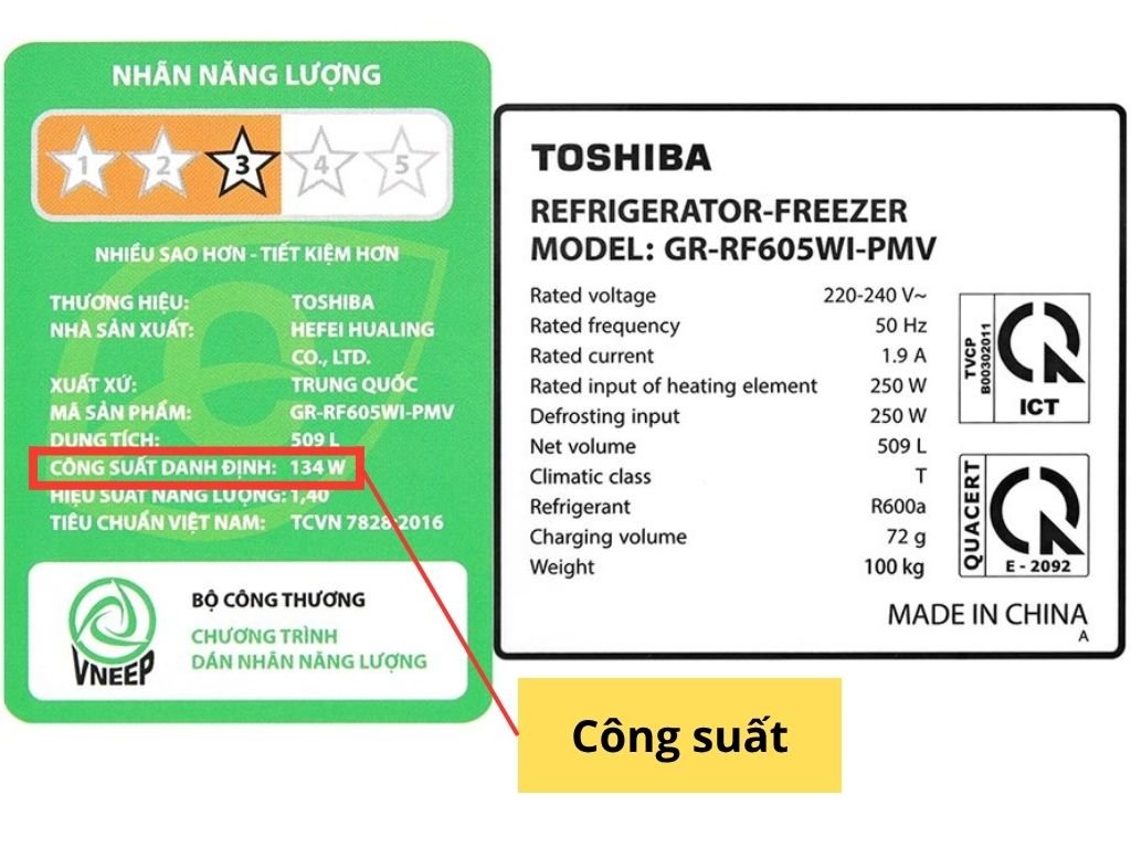 Công suất tủ lạnh được ghi rõ trên nhãn dán năng lượng
